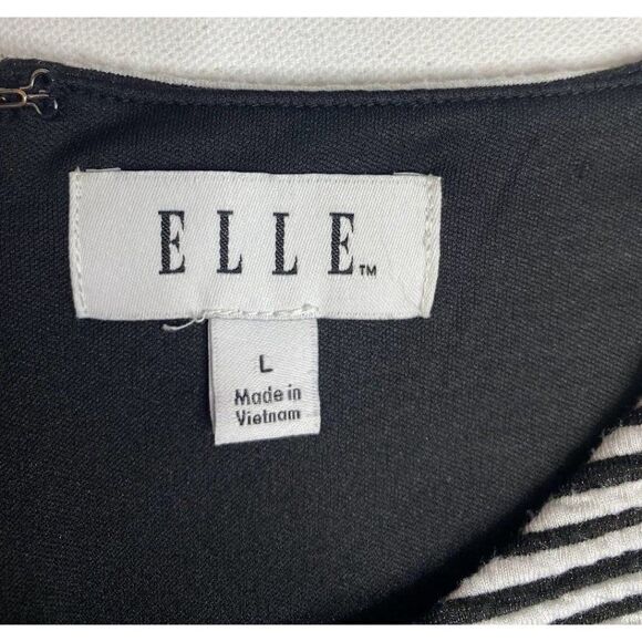 Elle Black White Stripe Pleated Neck Fit & Flare Dress Sz Large - Picture 5 of 9